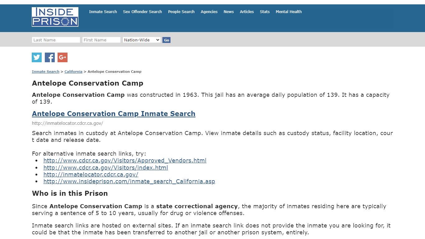 Antelope Conservation Camp - California - Inmate Search - Inside Prison